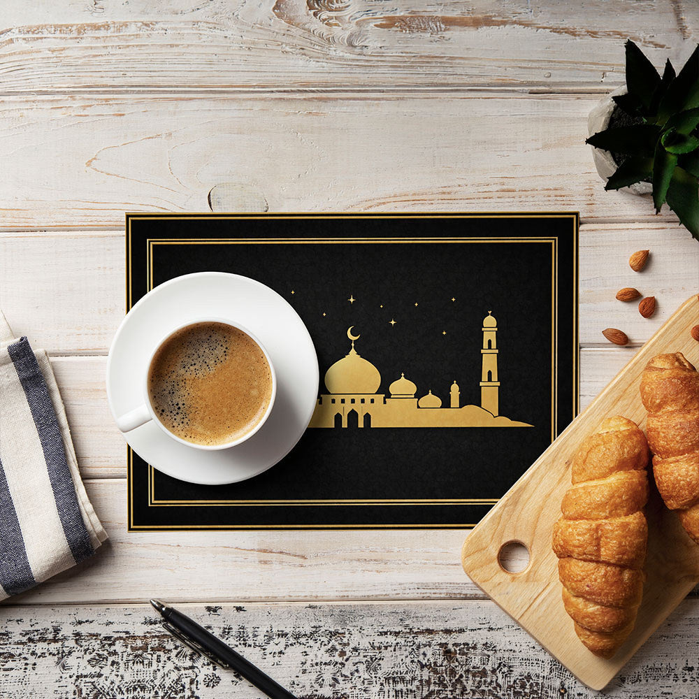 Bter Home Tatakan Piring Placemat PVC Premium Skyline Masjid Bintang Gold Anti Air
