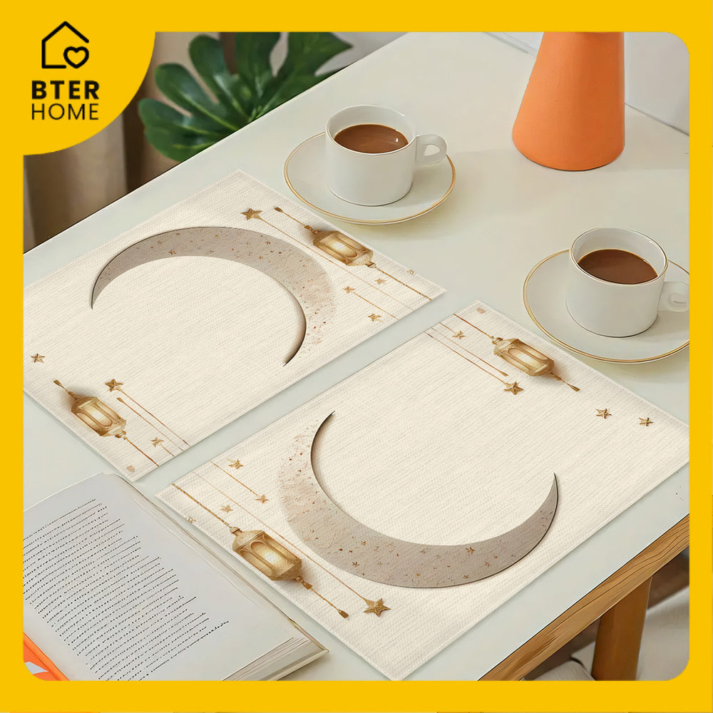 Bter Home Taplak Meja Placemat PVC Premium Ramadan Idul Fitri Crescent Lantern White Gold Anti Air - BH5110