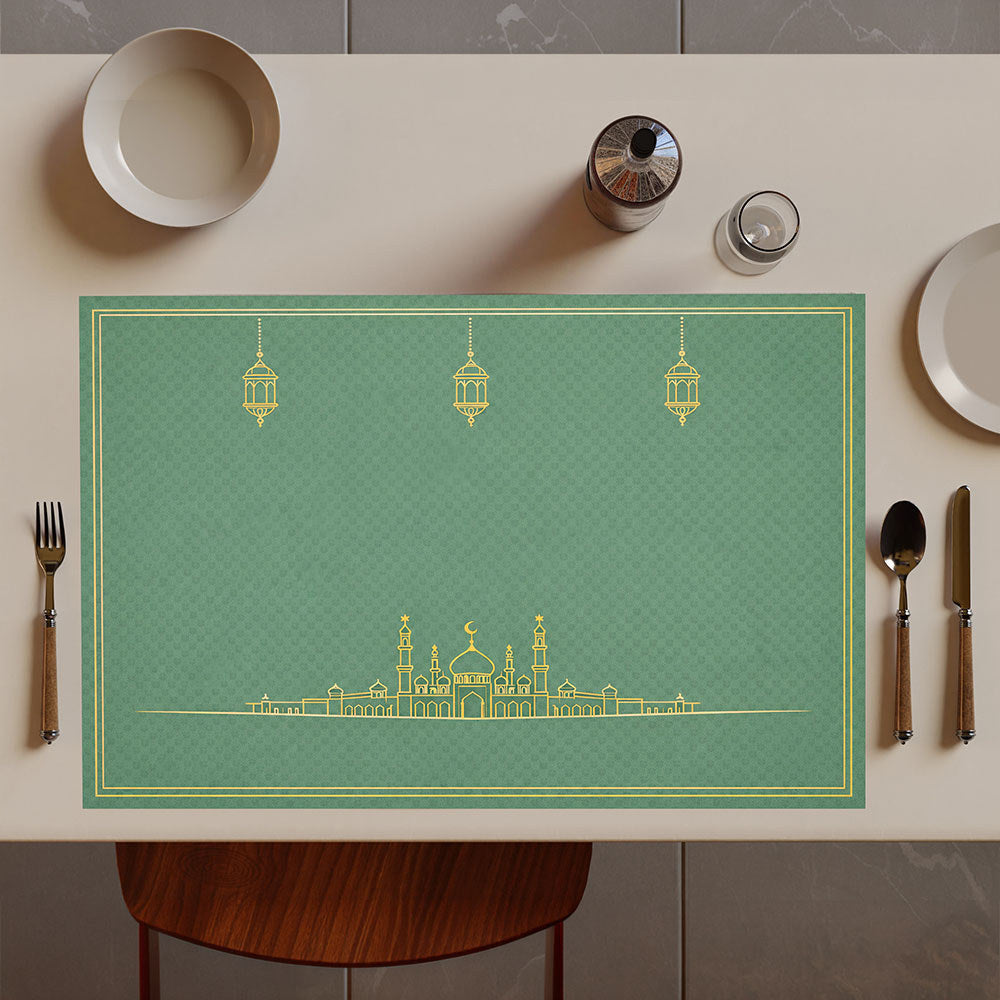 Bter Home Tatakan Piring Placemat PVC Premium Skyline Masjid Lentera Gold Anti Air