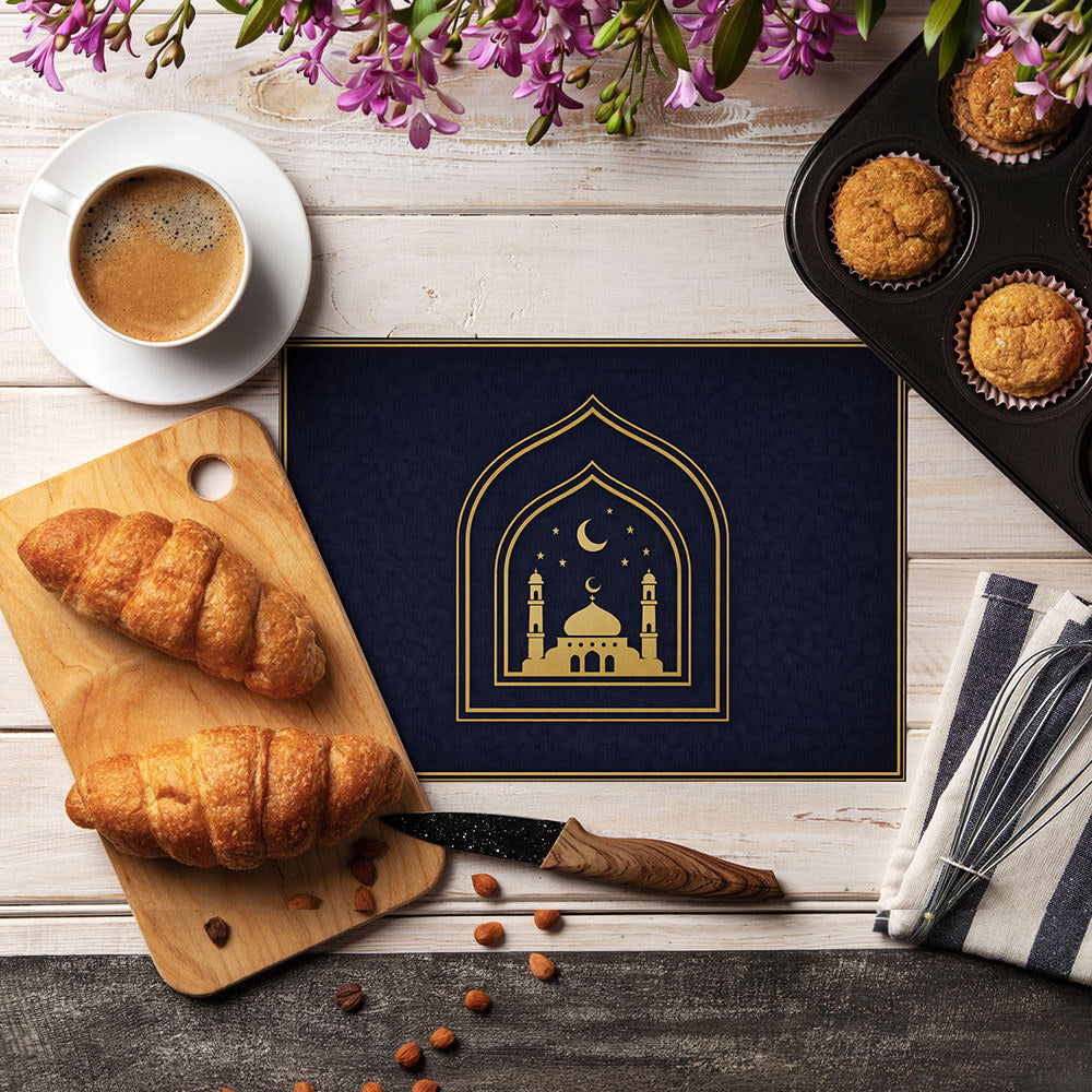 Bter Home Tatakan Piring Placemat PVC Premium Skyline Masjid Gold Anti Air