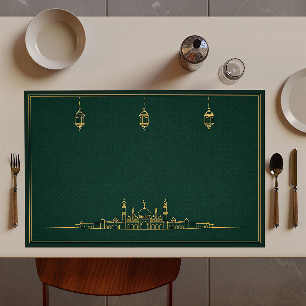 Bter Home Tatakan Piring Placemat PVC Premium Skyline Masjid Lentera Gold Anti Air - image 9
