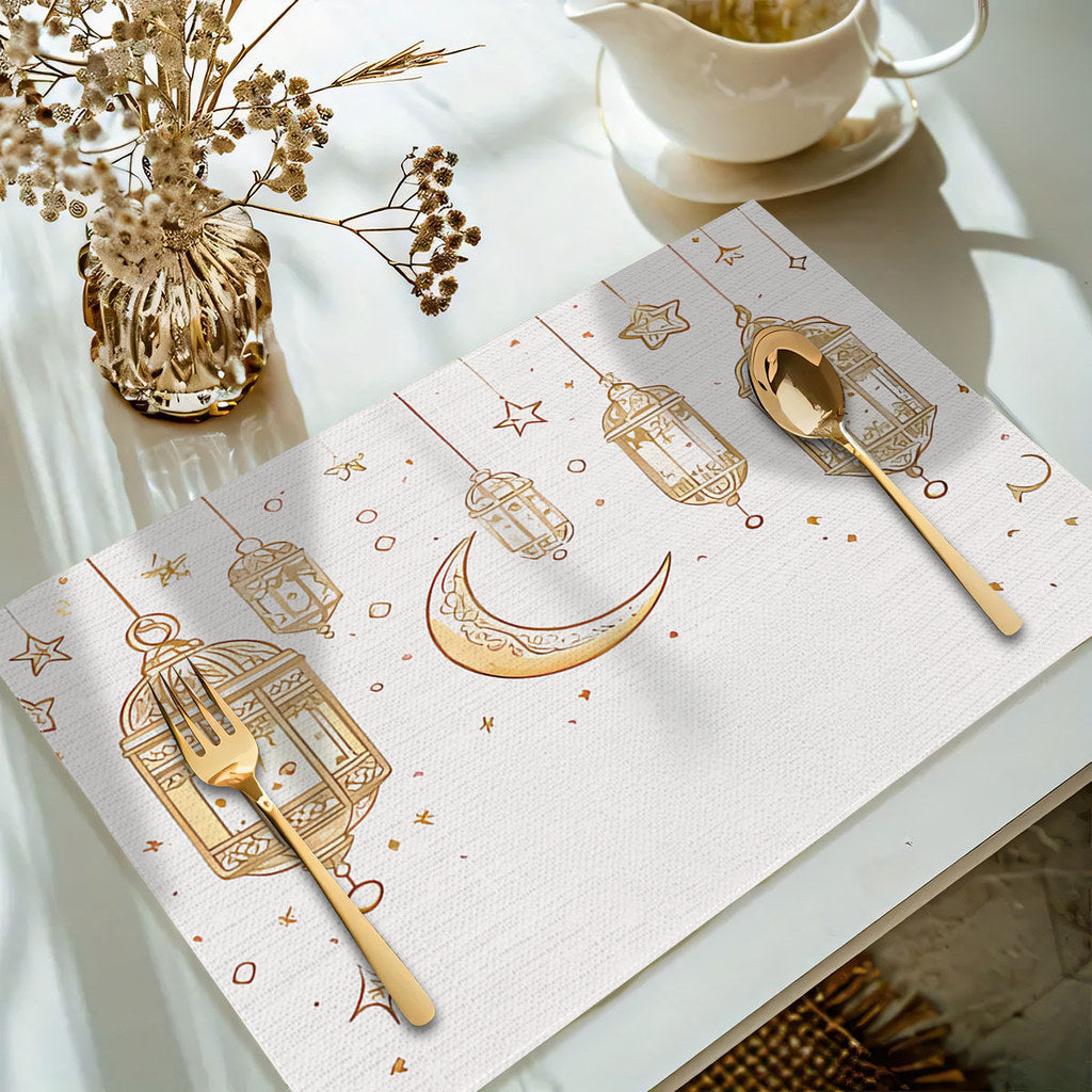 Bter Home Taplak Meja Placemat PVC Premium Ramadan Idul Fitri Floral Crescent White Gold Anti Air