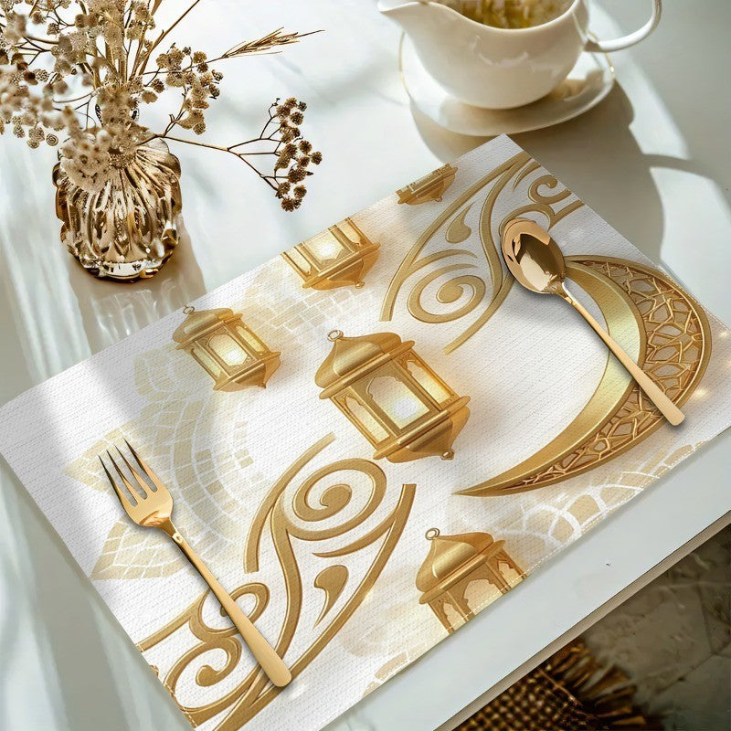 Bter Home Taplak Meja Placemat PVC Premium Ramadan Idul Fitri Floral Crescent White Gold Anti Air