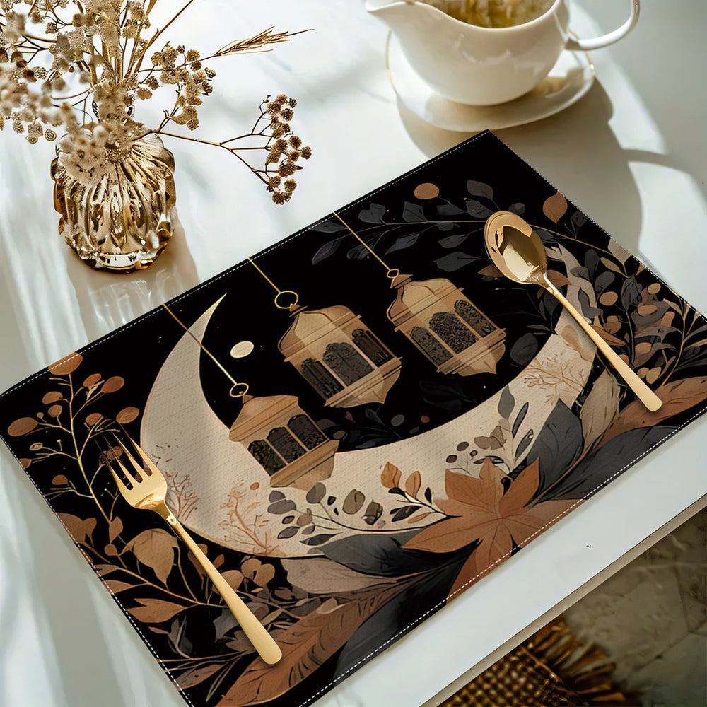 Bter Home Taplak Meja Placemat PVC Premium Ramadan Idul Fitri Crescent Lantern White Gold Anti Air