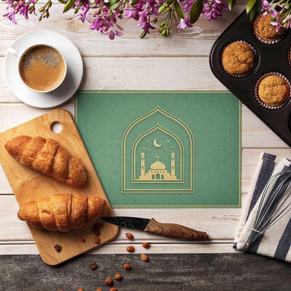 Bter Home Tatakan Piring Placemat PVC Premium Skyline Masjid Gold Anti Air