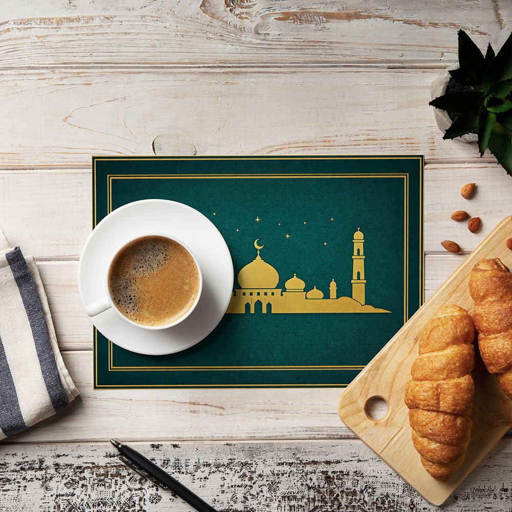 Bter Home Tatakan Piring Placemat PVC Premium Skyline Masjid Bintang Gold Anti Air