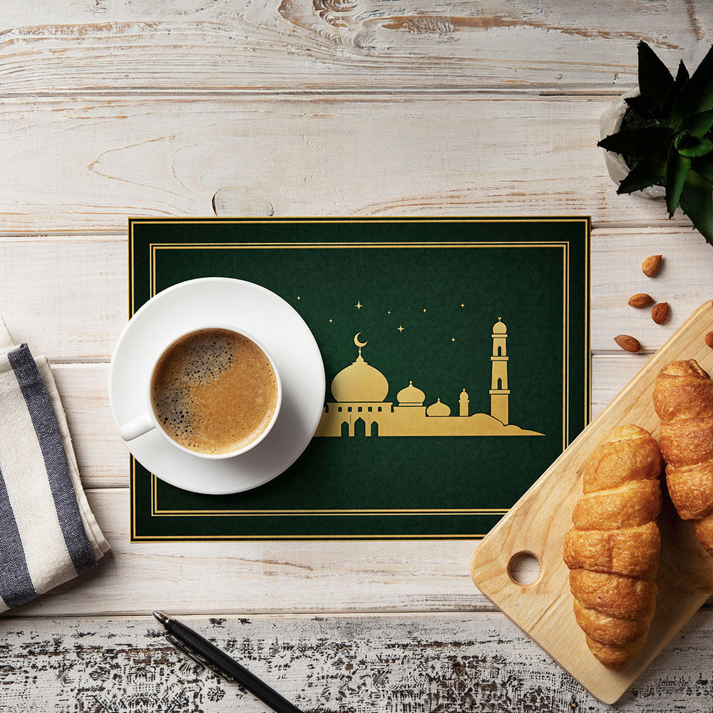Bter Home Tatakan Piring Placemat PVC Premium Skyline Masjid Bintang Gold Anti Air