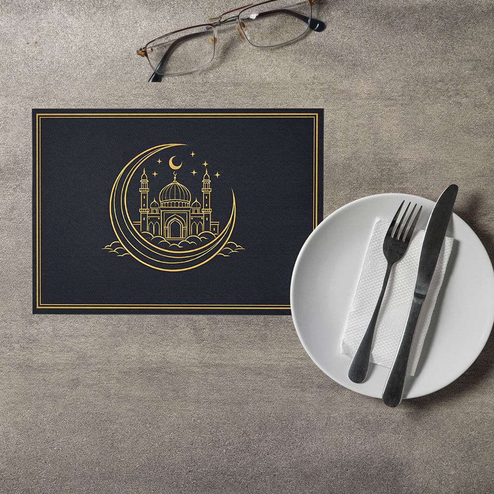 Bter Home Tatakan Piring Placemat PVC Premium Crescent Masjid Gold Anti Air