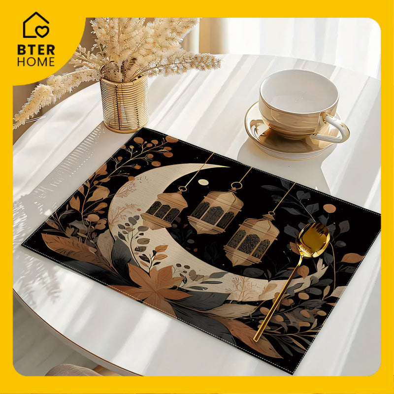 Bter Home Taplak Meja Placemat PVC Premium Ramadan Idul Fitri Dark Floral Crescent Black Gold Anti Air - BH5110