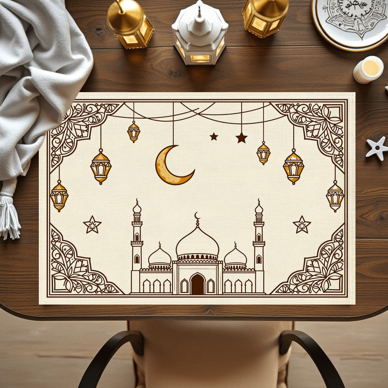 Bter Home Taplak Meja Placemat PVC Premium Ramadan Idul Fitri Mosque Lantern Frame Cream Brown Anti Air - image 3