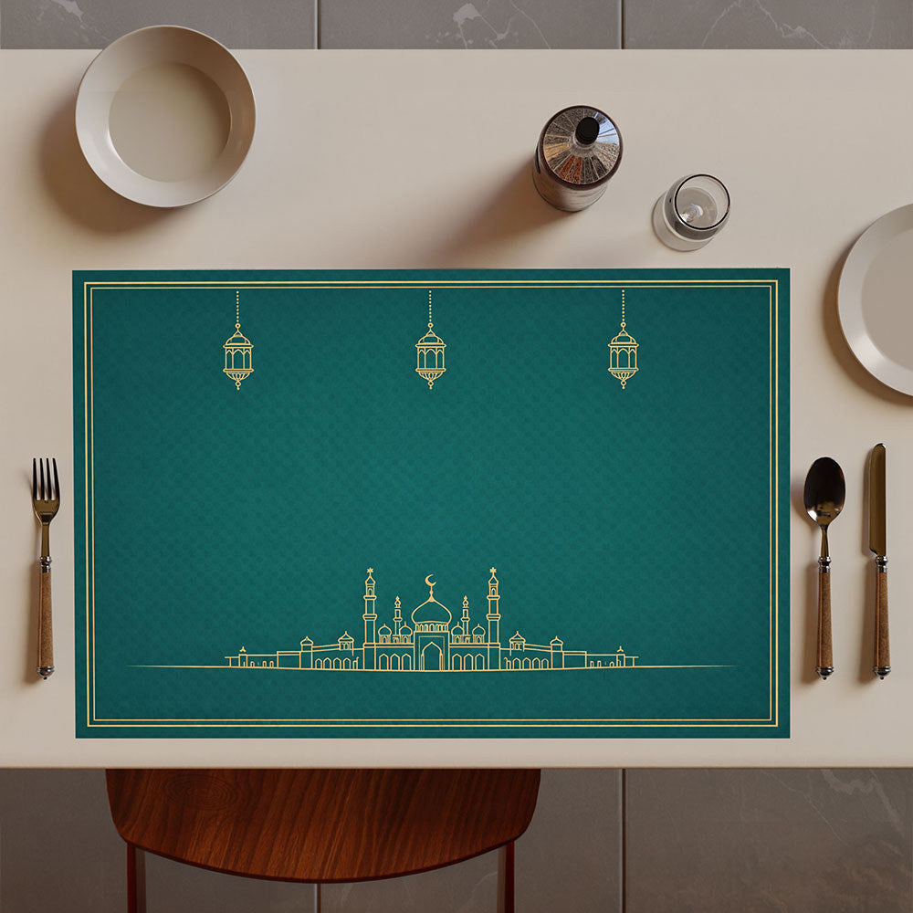 Bter Home Tatakan Piring Placemat PVC Premium Skyline Masjid Lentera Gold Anti Air - image 4