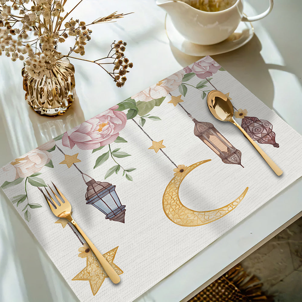 Bter Home Taplak Meja Placemat PVC Premium Ramadan Idul Fitri Luxury Crescent Frame White Gold Anti Air