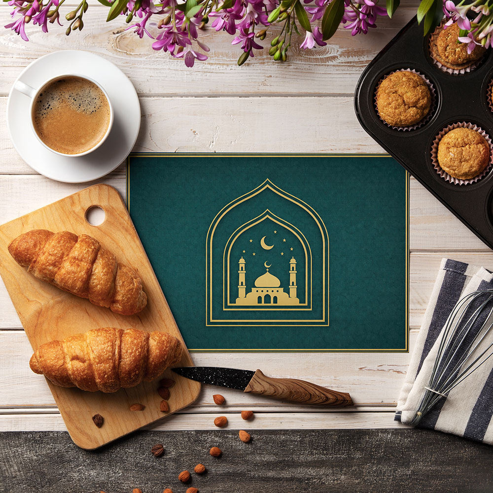 Bter Home Tatakan Piring Placemat PVC Premium Skyline Masjid Gold Anti Air - image 3