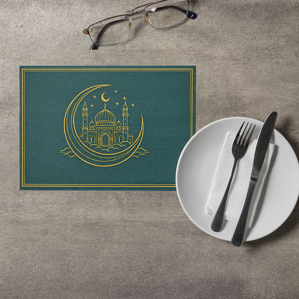 Bter Home Tatakan Piring Placemat PVC Premium Crescent Masjid Gold Anti Air