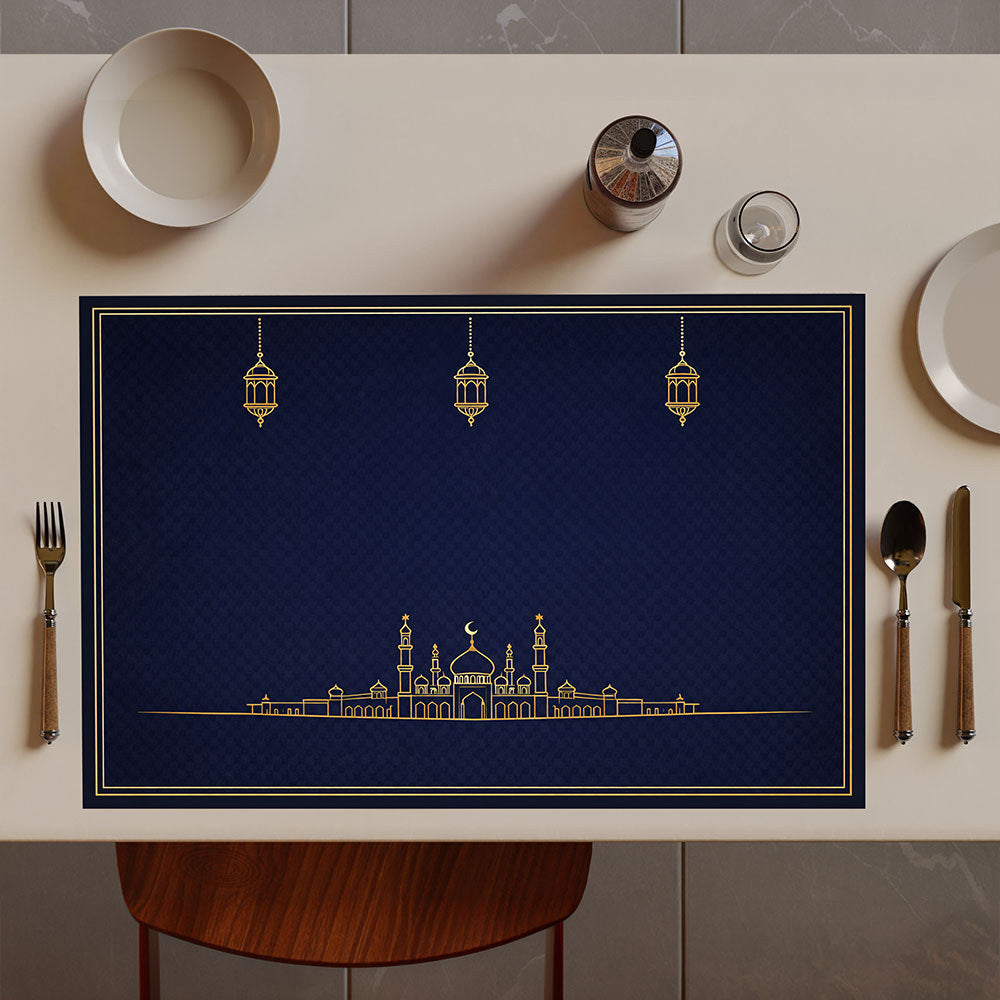 Bter Home Tatakan Piring Placemat PVC Premium Skyline Masjid Lentera Gold Anti Air