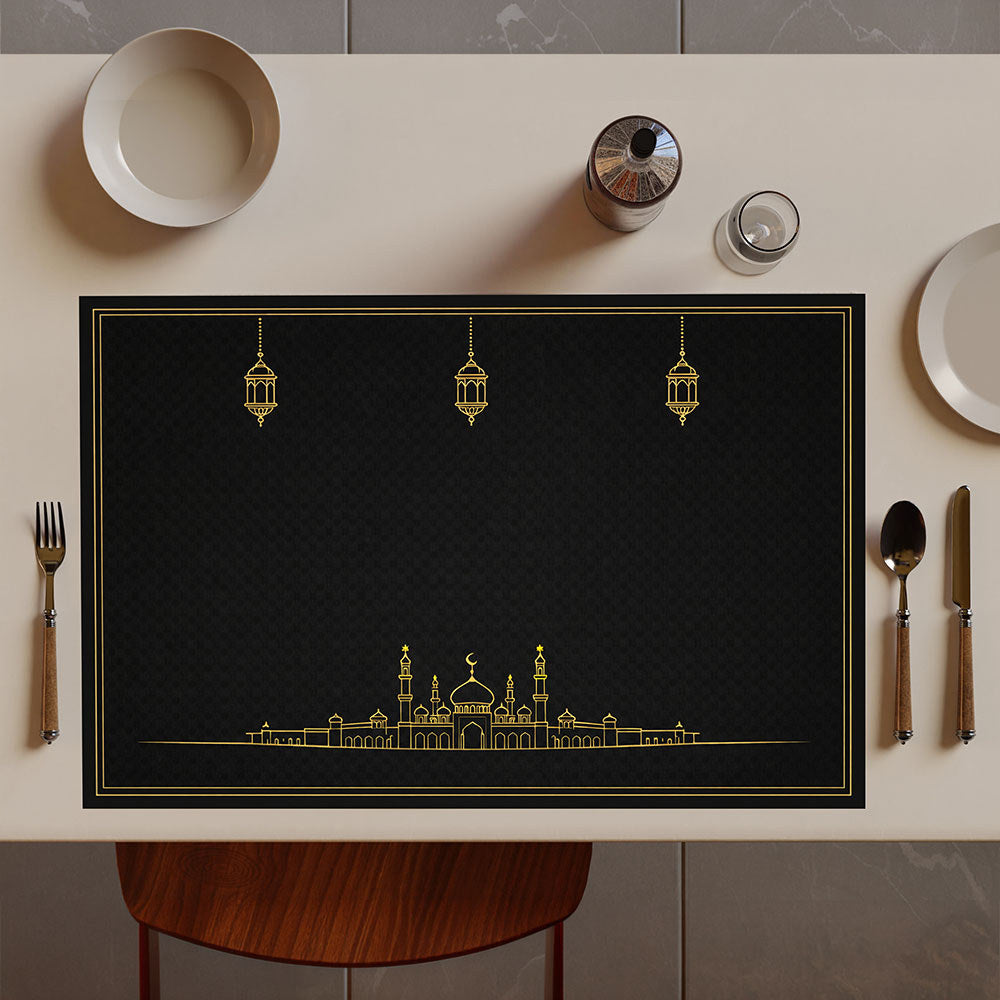 Bter Home Tatakan Piring Placemat PVC Premium Skyline Masjid Lentera Gold Anti Air