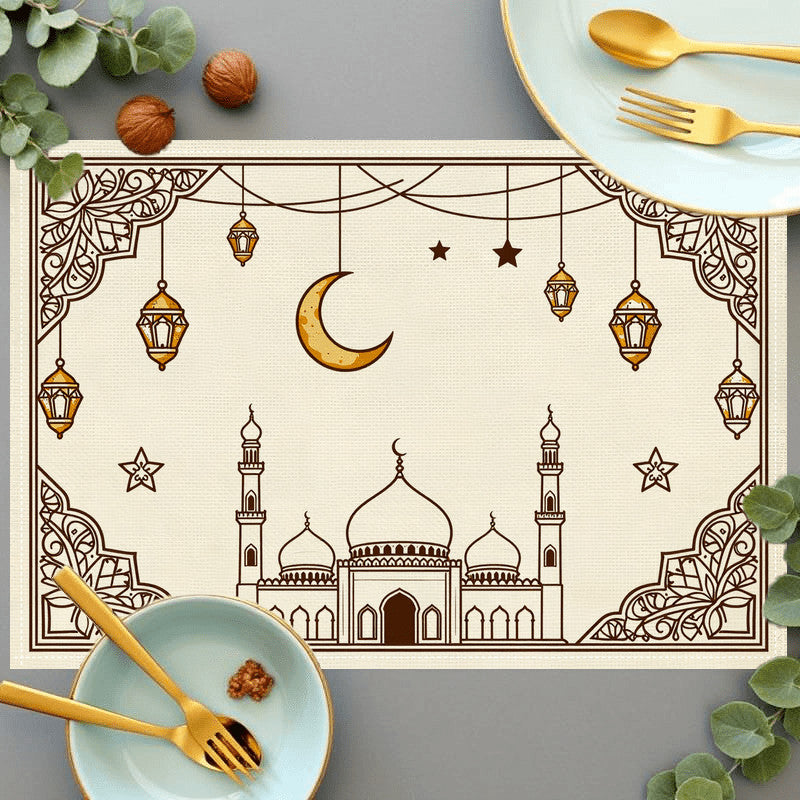 Bter Home Taplak Meja Placemat PVC Premium Ramadan Idul Fitri Mosque Lantern Frame Cream Brown Anti Air - image 4